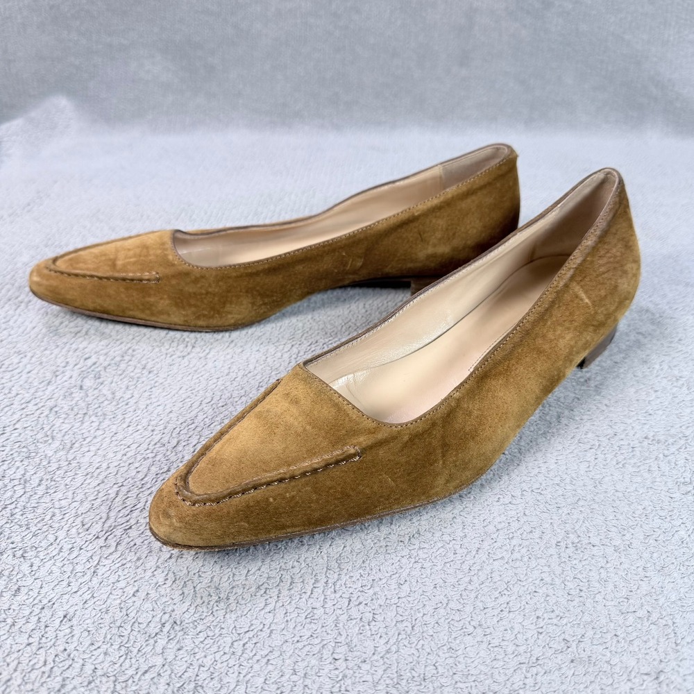 Manolo Blahnik Womens 8 Tan Suede Pointed Toe Stitched Flat Loafer Italy Luxe